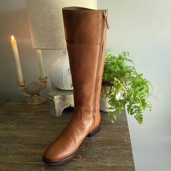 Tory Burch ‘Jolie’ Tall Luxury Riding Boots Pebbled Leather Womens 8.5 Tan Brown